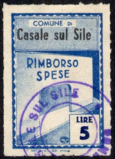 Marca da Bollo del Comune di CASALE SUL SILE su Carta Bianca Sottile di dimensioni 19,5 x 28,5 mm