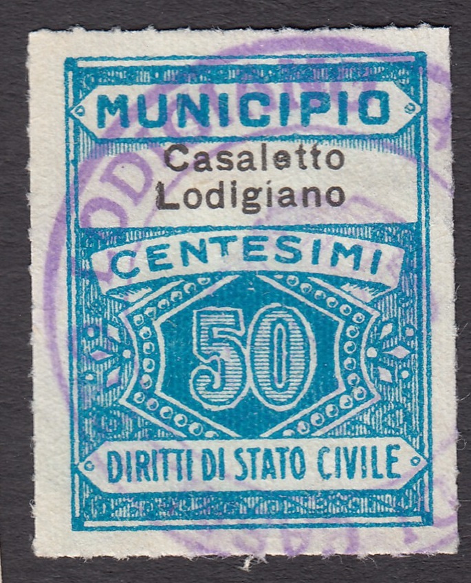 Marca da Bollo del Comune di CASALETTO LODIGIANO su Carta Bianca di dimensioni 22 x 28 mm