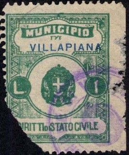 Marca da Bollo del Comune di VILLAPIANA su Carta Bianca di dimensioni 23,5 X 30,5 mm