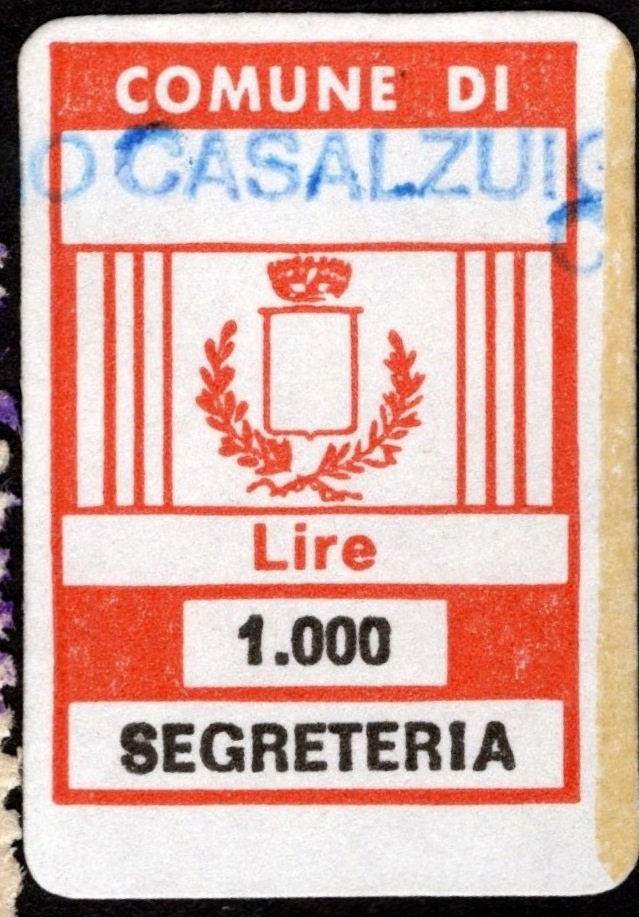 Marca da Bollo del Comune di CASALZUIGNO su Carta Bianca di dimensioni 13 x 22 mm