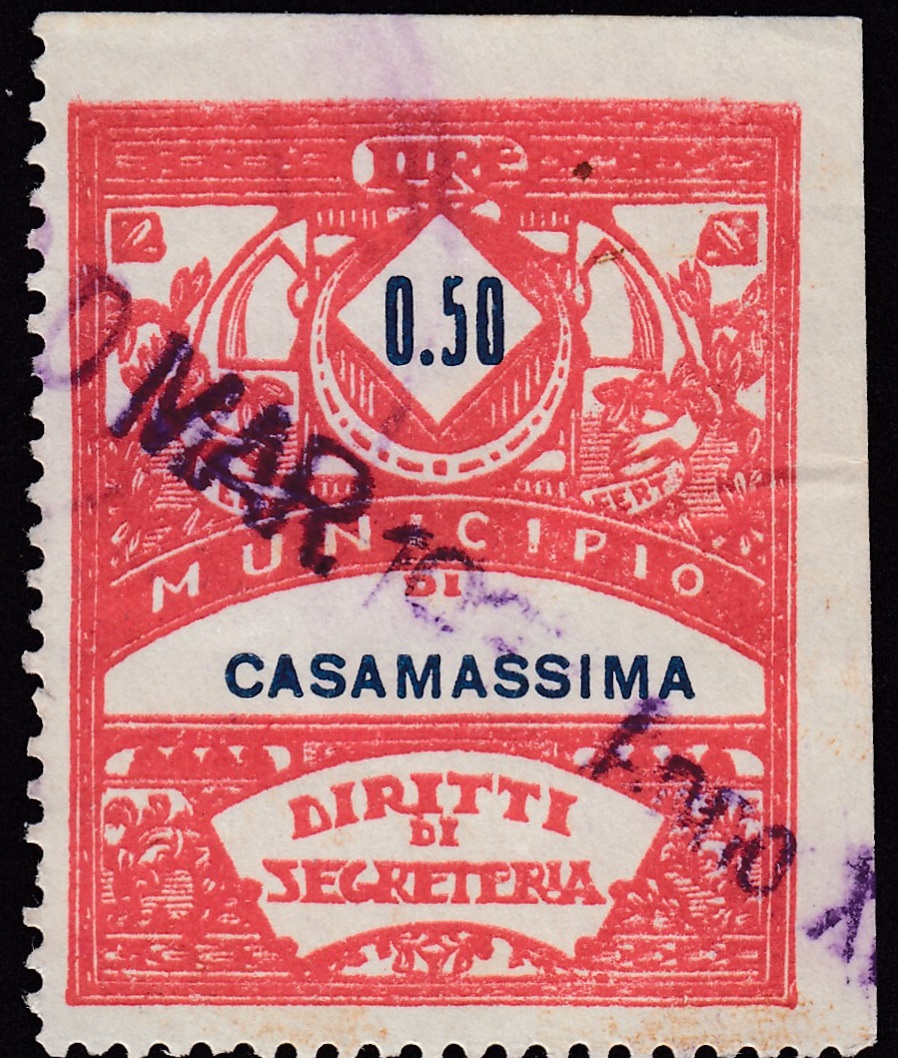 Marca da Bollo del Comune di CASAMASSIMA su Carta Bianca di dimensioni 30 x 37 mm