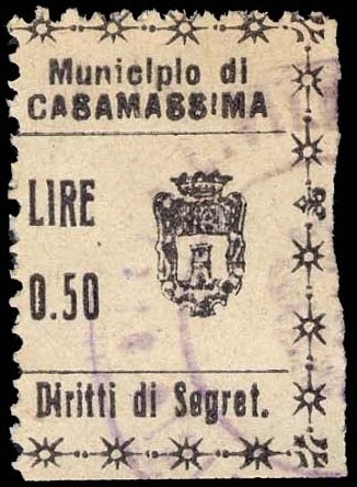 Marca da Bollo del Comune di CASAMASSIMA su Carta Bianca Sottile di dimensioni 22 x 29 mm