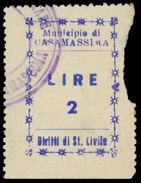 Marca da Bollo del Comune di CASAMASSIMA su Carta Bianca Sottile di dimensioni 22 X 33 mm