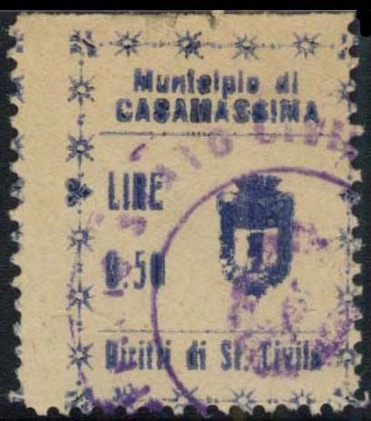 Marca da Bollo del Comune di CASAMASSIMA su Carta Bianca Sottile di dimensioni 22 x 29 mm