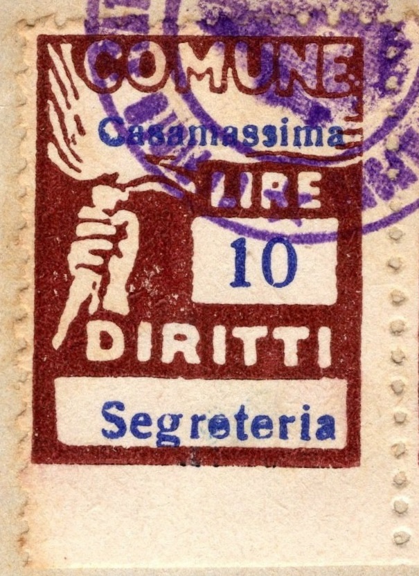 Marca da Bollo del Comune di CASAMASSIMA su Carta Bianca Sottile di dimensioni 19 x 24,5 mm
