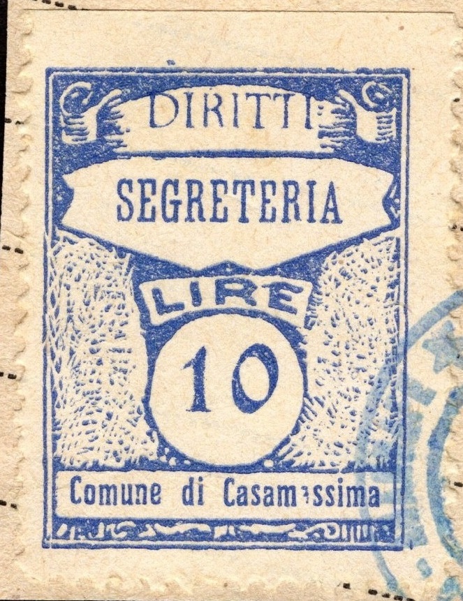 Marca da Bollo del Comune di CASAMASSIMA su Carta Bianca di dimensioni 22 x 29 mm