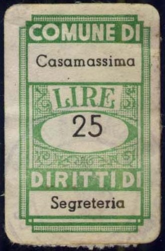 Marca da Bollo del Comune di CASAMASSIMA su Carta Bianca di dimensioni 18 X 30 mm