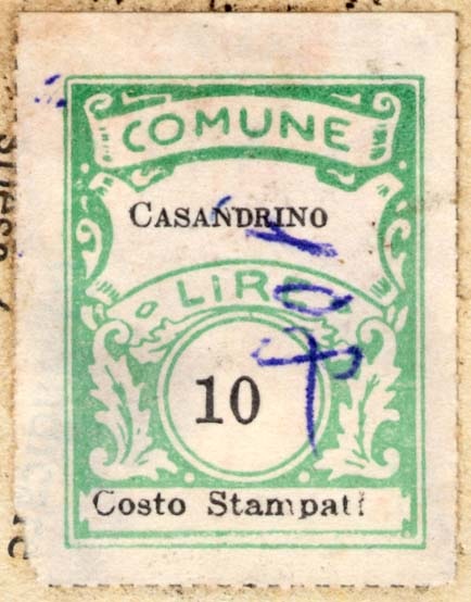 Marca da Bollo del Comune di CASANDRINO su Carta Bianca di dimensioni 22,5 x 29 mm