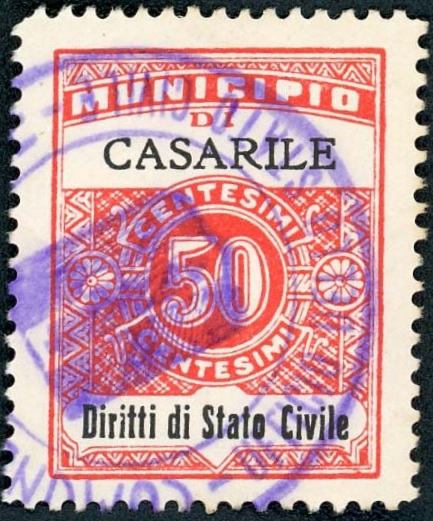 Marca da Bollo del Comune di CASARILE su Carta Bianca di dimensioni 22,5 x 29 mm