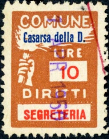 Marca da Bollo del Comune di CASARSA DELLA DELIZIA su Carta Bianca Sottile di dimensioni 18,5 x 26 mm