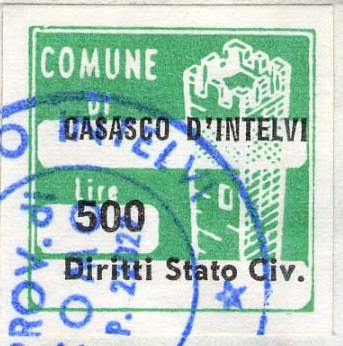 Marca da Bollo del Comune di CASASCO D´INTELVI su Carta Bianca di dimensioni 20 x 20 mm