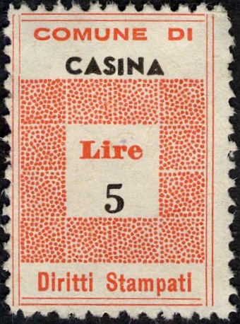 Marca da Bollo del Comune di CASINA su Carta Bianca Sottile di dimensioni 19,5 x 28,5 mm
