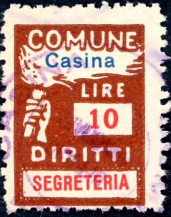 Marca da Bollo del Comune di CASINA su Carta Bianca Sottile di dimensioni 18,5 x 26 mm