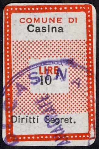 Marca da Bollo del Comune di CASINA su Carta Bianca di dimensioni 18,5 x 26 mm