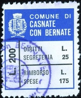 Marca da Bollo del Comune di CASNATE CON BERNATE su Carta Bianca di dimensioni 24 x 28 mm