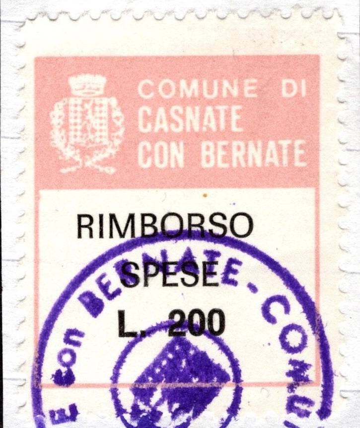 Marca da Bollo del Comune di CASNATE CON BERNATE su Carta Bianca di dimensioni 24 x 28 mm