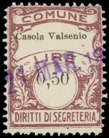 Marca da Bollo del Comune di CASOLA VALSENIO su Carta Bianca Sottile di dimensioni 22,5 x 29 mm