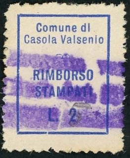 Marca da Bollo del Comune di CASOLA VALSENIO su Carta Bianca di dimensioni 21 x 26 mm