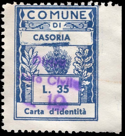 Marca da Bollo del Comune di CASORIA su Carta Bianca di dimensioni 25 x 33,5 mm