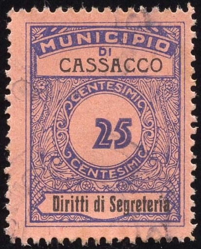 Marca da Bollo del Comune di CASSACCO su Carta Bianca Sottile di dimensioni 23 x 29,5 mm