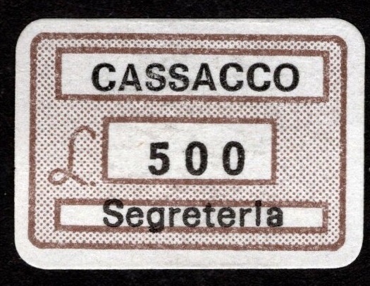 Marca da Bollo del Comune di CASSACCO su Carta Colorata di dimensioni 20 x 14 mm