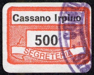Marca da Bollo del Comune di CASSANO IRPINO su Carta Bianca di dimensioni 19 x 13 mm