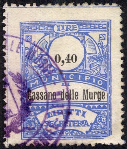 Marca da Bollo del Comune di CASSANO DELLE MURGE su Carta Bianca Sottile di dimensioni 22 x 28,5 mm