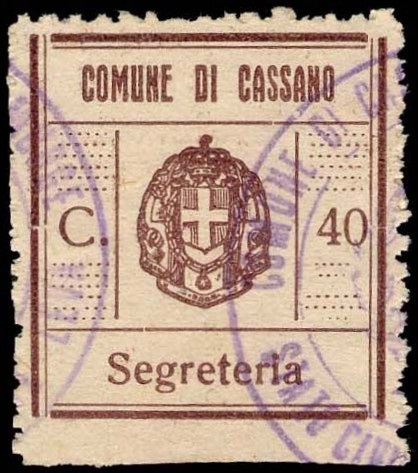 Marca da Bollo del Comune di CASSANO DELLE MURGE su Carta Bianca Sottile di dimensioni 25 x 27 mm