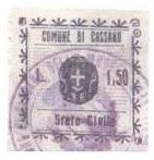Marca da Bollo del Comune di CASSANO DELLE MURGE su Carta Bianca Sottile di dimensioni 27 x 28 mm