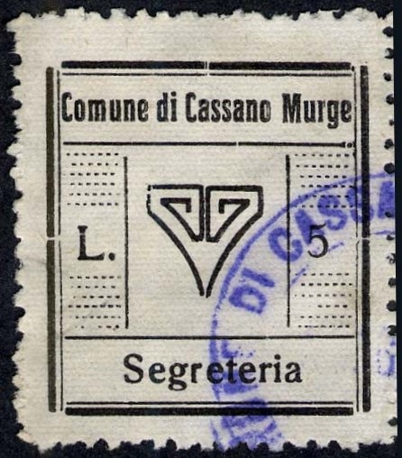 Marca da Bollo del Comune di CASSANO DELLE MURGE su Carta Bianca Sottile di dimensioni 25 x 27 mm