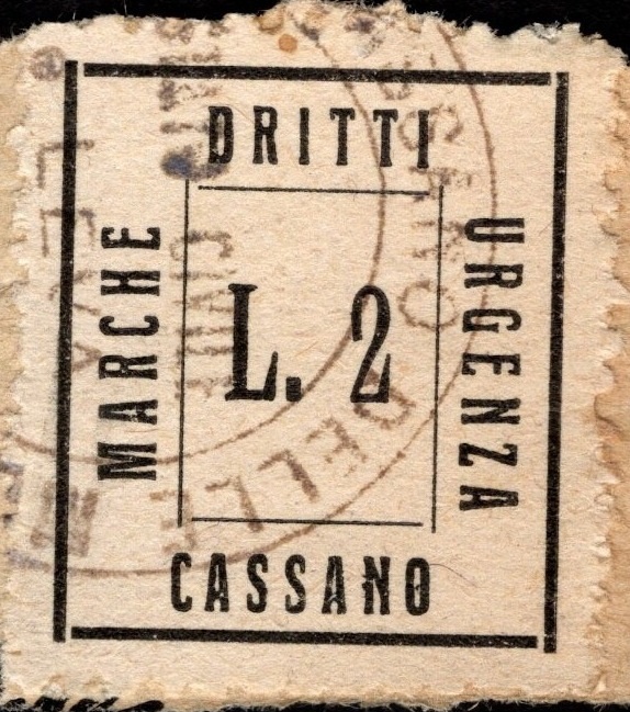 Marca da Bollo del Comune di CASSANO DELLE MURGE su Carta Bianca di dimensioni 19 x 22 mm