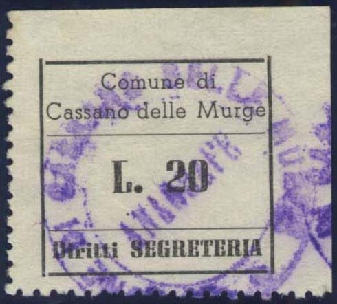 Marca da Bollo del Comune di CASSANO DELLE MURGE su Carta Bianca di dimensioni 23,5 x 22 mm