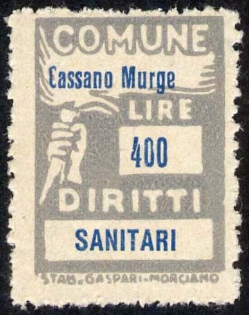 Marca da Bollo del Comune di CASSANO DELLE MURGE su Carta Bianca di dimensioni 18,5 x 26,5 mm