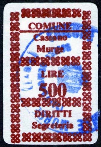 Marca da Bollo del Comune di CASSANO DELLE MURGE su Carta Bianca di dimensioni 17,5 x 29 mm