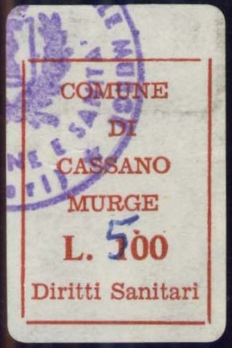 Marca da Bollo del Comune di CASSANO DELLE MURGE su Carta Bianca di dimensioni 17 X 28 mm
