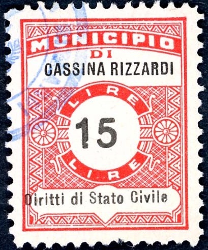 Marca da Bollo del Comune di CASSINA RIZZARDI su Carta Bianca di dimensioni 22,5 x 28,5 mm