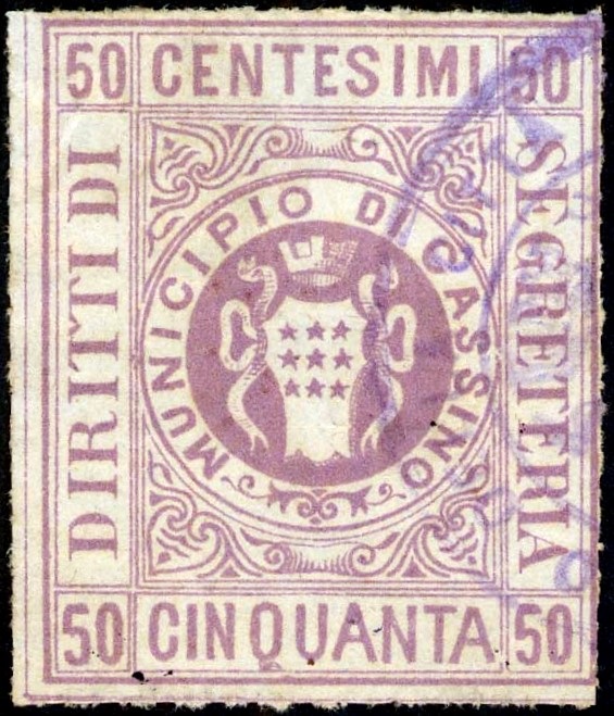 Marca da Bollo del Comune di CASSINO su Carta Bianca Sottile di dimensioni 30 x 35,5 mm