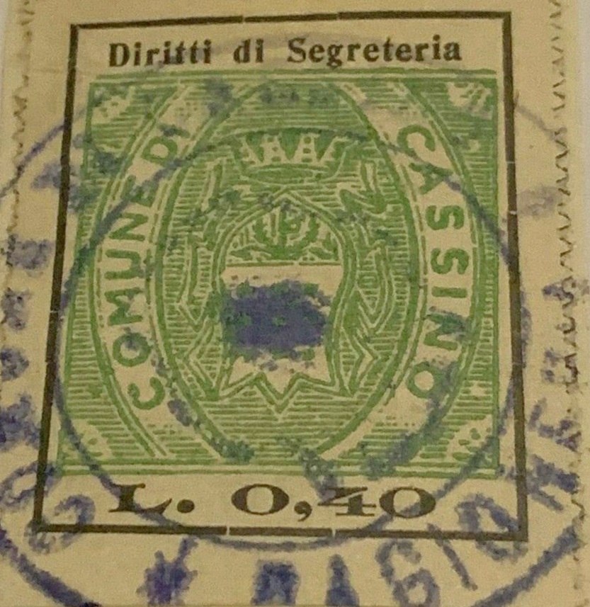 Marca da Bollo del Comune di CASSINO su Carta Bianca di dimensioni 24 x 31 mm