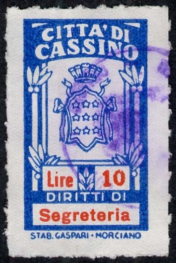 Marca da Bollo del Comune di CASSINO su Carta Bianca Sottile di dimensioni 17 x 29,5 mm