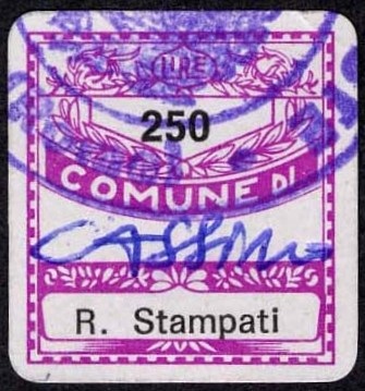 Marca da Bollo del Comune di CASSINO su Carta Bianca di dimensioni 19 x 21 mm