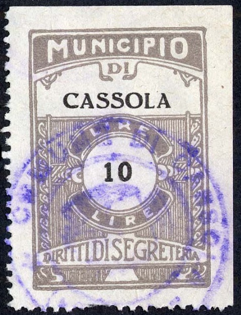 Marca da Bollo del Comune di CASSOLA su Carta Bianca Sottile di dimensioni 24 x 35,5 mm