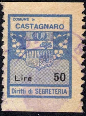Marca da Bollo del Comune di CASTAGNARO su Carta Bianca di dimensioni 16,5 X 20 mm