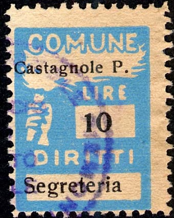 Marca da Bollo del Comune di CASTAGNOLE PIEMONTE su Carta Bianca di dimensioni 18,5 x 26 mm