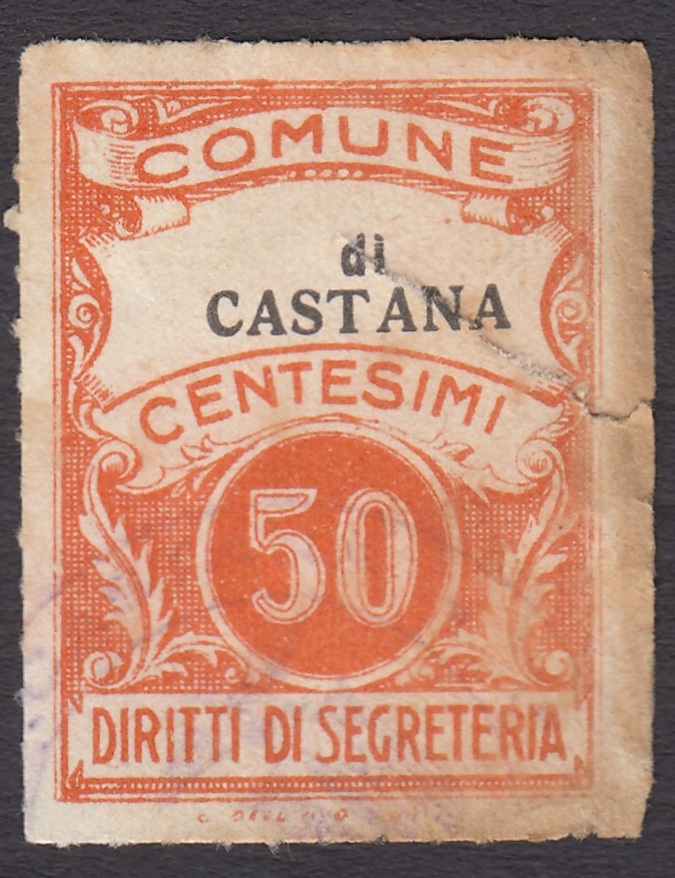 Marca da Bollo del Comune di CASTANA su Carta Bianca di dimensioni 22 x 29 mm
