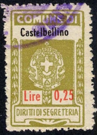 Marca da Bollo del Comune di CASTELBELLINO su Carta Bianca di dimensioni 19 x 30 mm