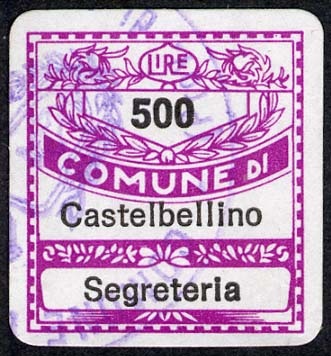 Marca da Bollo del Comune di CASTELBELLINO su Carta Bianca di dimensioni 19 x 21 mm