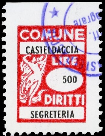 Marca da Bollo del Comune di CASTELDACCIA su Carta Bianca di dimensioni 15,5 x 22 mm