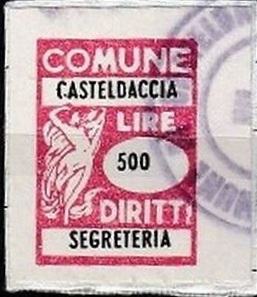 Marca da Bollo del Comune di CASTELDACCIA su Carta Bianca di dimensioni 15 x 22 mm