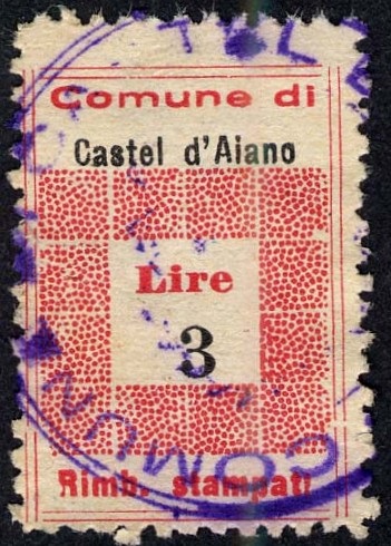 Marca da Bollo del Comune di CASTEL D´AIANO su Carta Bianca Sottile di dimensioni 19,5 x 28,5 mm
