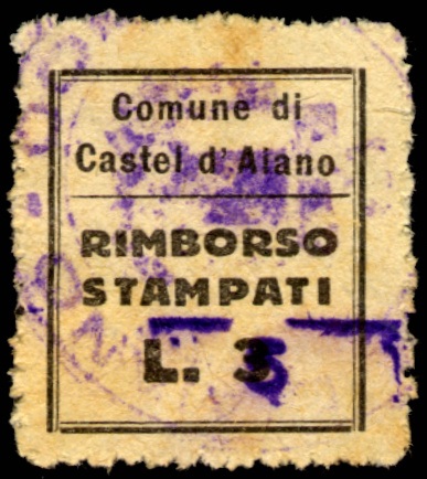 Marca da Bollo del Comune di CASTEL D´AIANO su Carta Bianca di dimensioni 20 x 22 mm